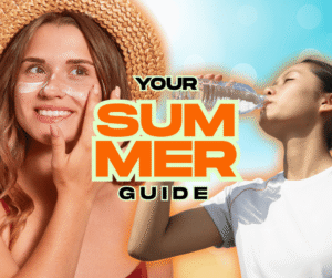 A composite photo showing a person drinking water and another applying sunscreen for the article Beat the Heat Not Your Fun