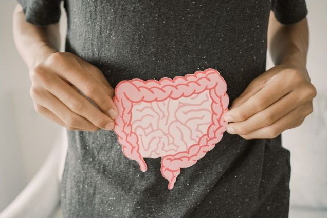 Photo of man holding a paper cutout of a healthy gut