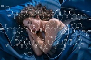 The chemical diagram of Sermorelin superimposed on a person sleeping soundly