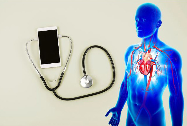 Composite image of a mobile phone, stethoscope, and the cardiovascular system