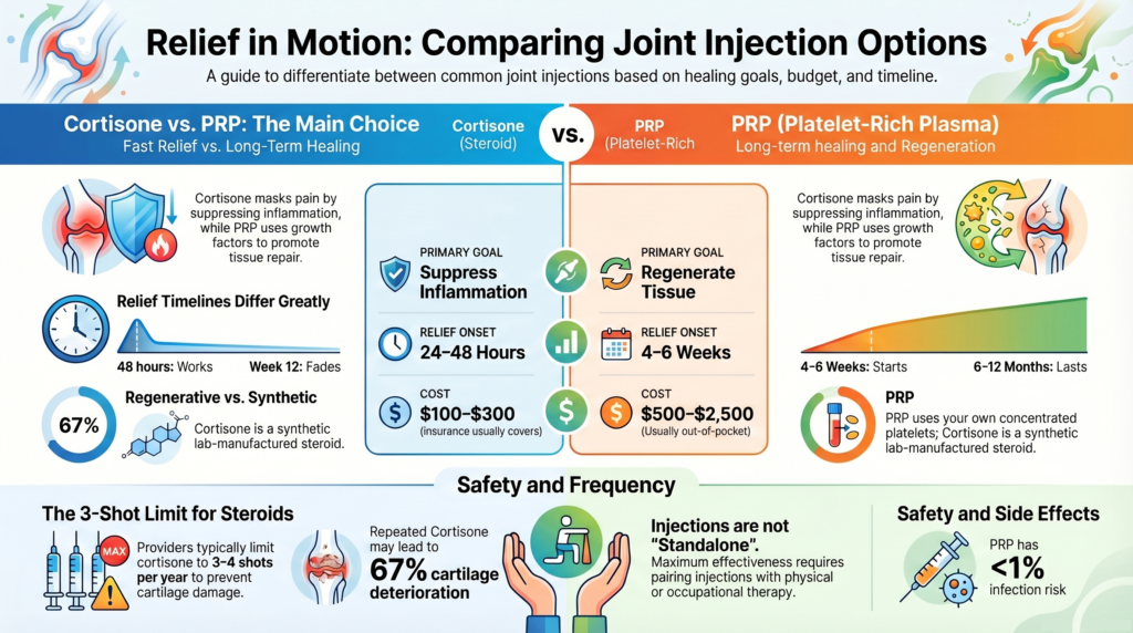 Infographic comparing joint injection options for the blog post Finding Lasting Relief: Peptides vs Cortisone for Joint Inflammation