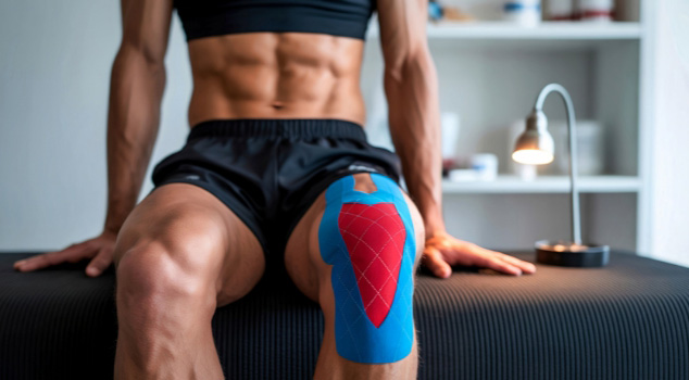 Man with kinesiology tape for our article on peptides for muscle recovery and joint pain